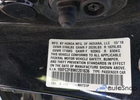 2019 Honda Civic Sport z USA, uszkodzony, nr VIN 19XFC2F89KE201836